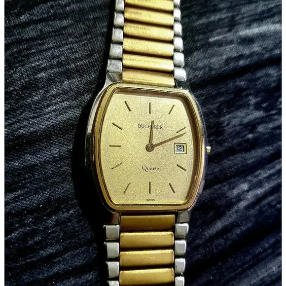 Vintage Bucherer Gold Dust Dial Mens Swiss Tank Date Watch